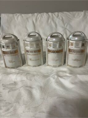 Vintage White Ceramic Spice Canisters with Gold Trim - Set of 4